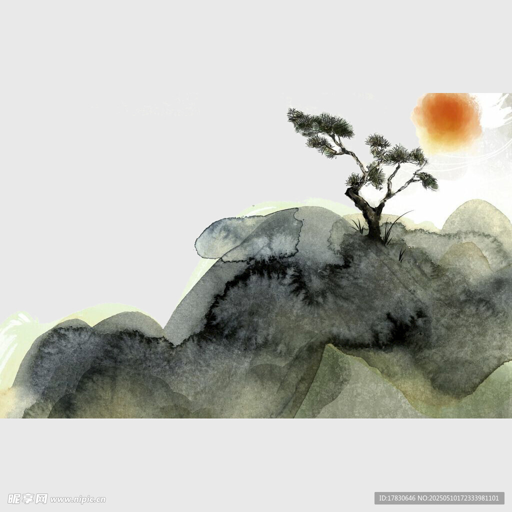 水墨孤树映日山水景