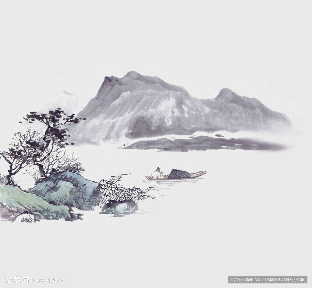 水墨山水间的孤舟之景