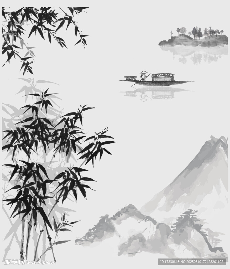水墨山水间的竹林与扁舟