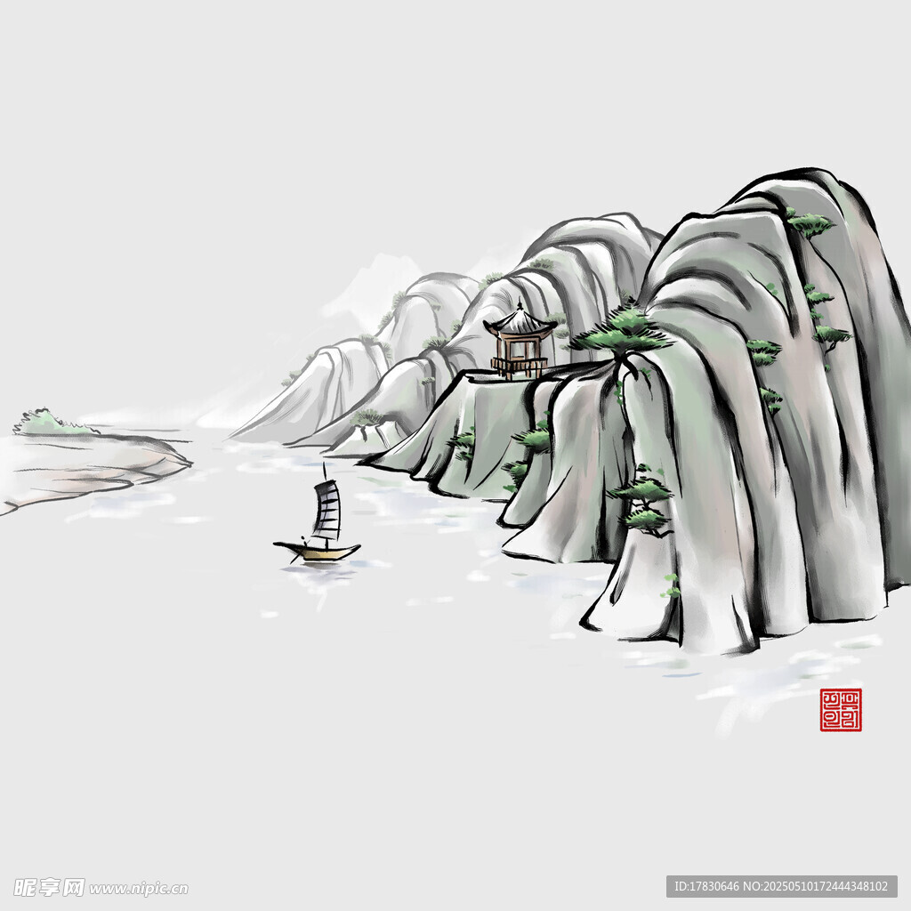 水墨山水孤舟图