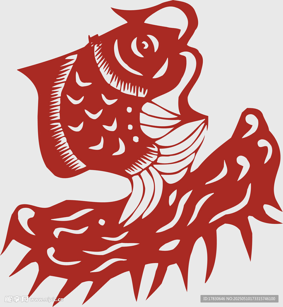 红色剪纸风跃起的吉祥鱼