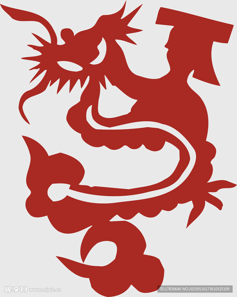中国传统红色龙形剪纸图案
