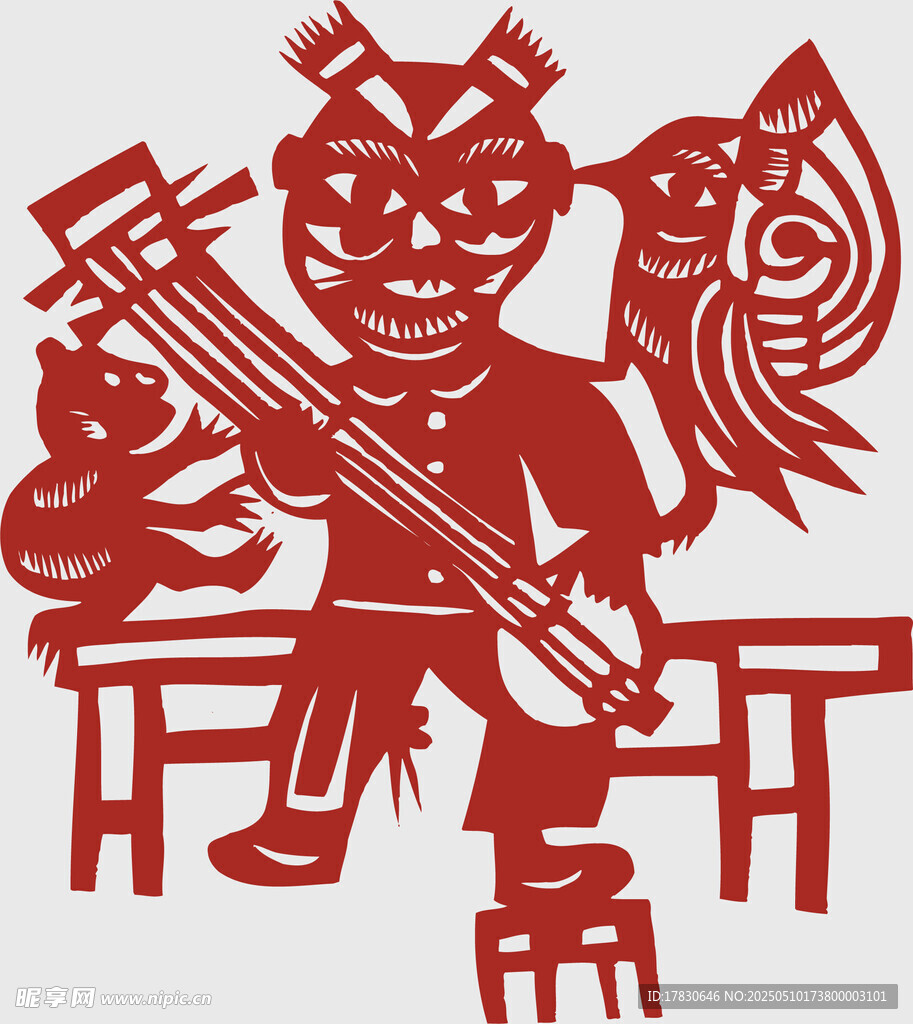 传统剪纸 持械人物与动物