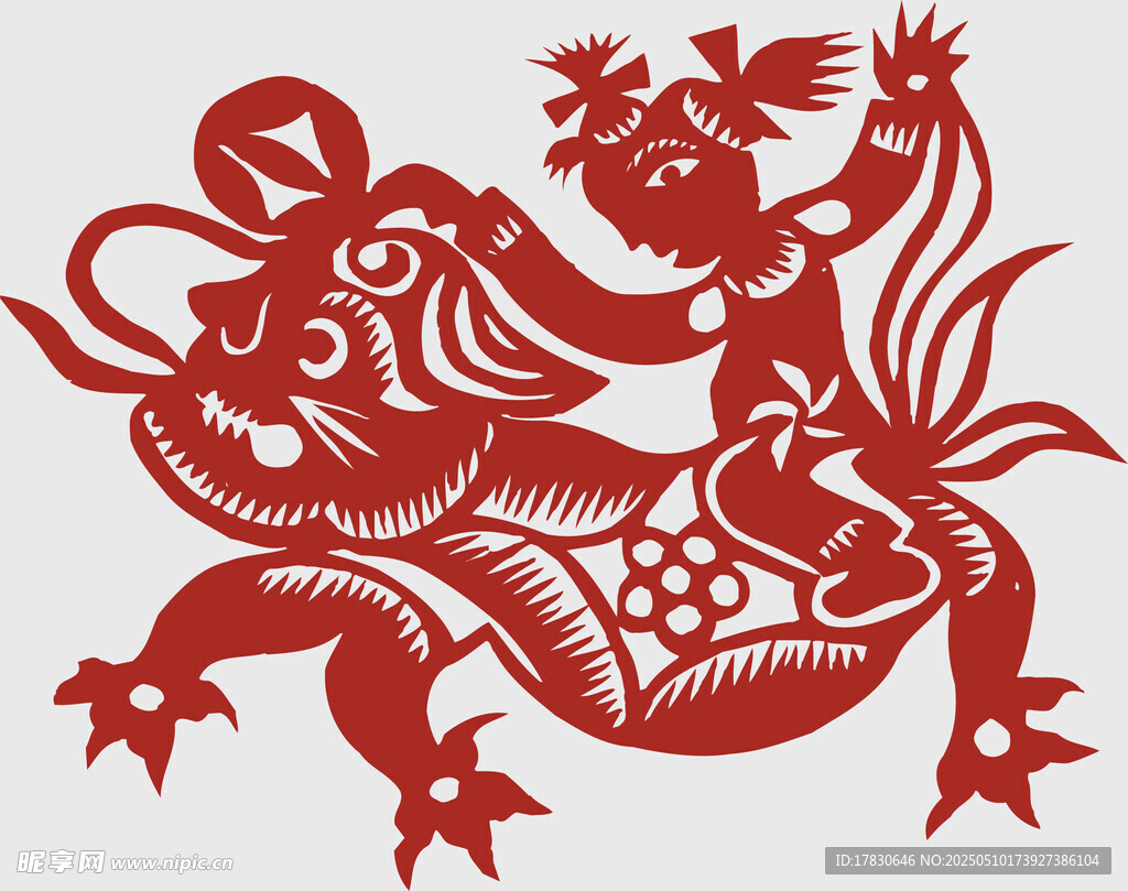 儿童骑麒麟剪纸艺术作品
