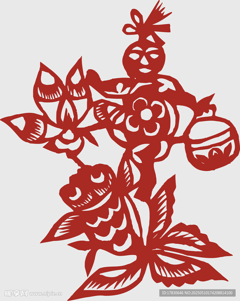 传统剪纸风的花卉人物图案