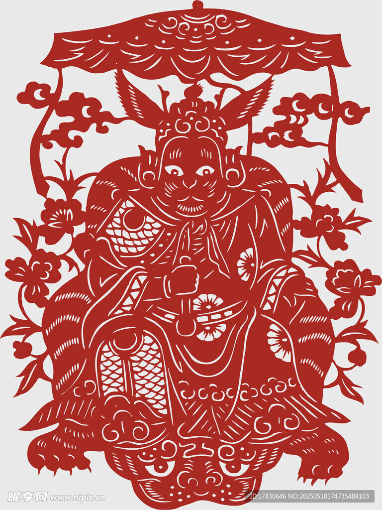 传统红色剪纸钟馗形象