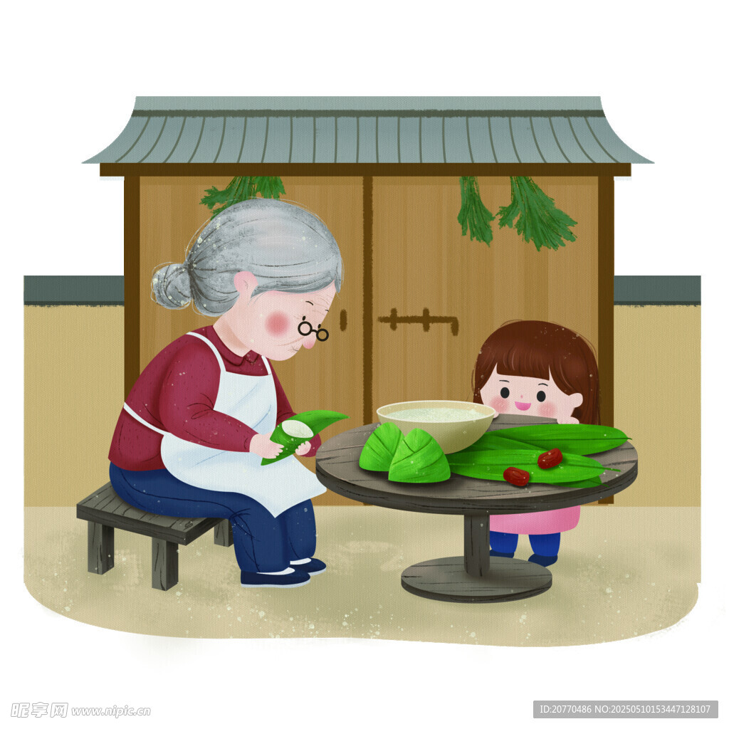 奶奶与小孩一起包粽子