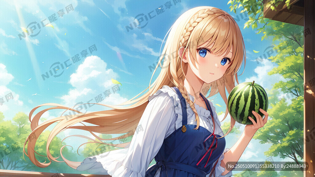 麻花辫女孩 抱着圆形小西瓜