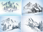 冬日雪山风景素描图