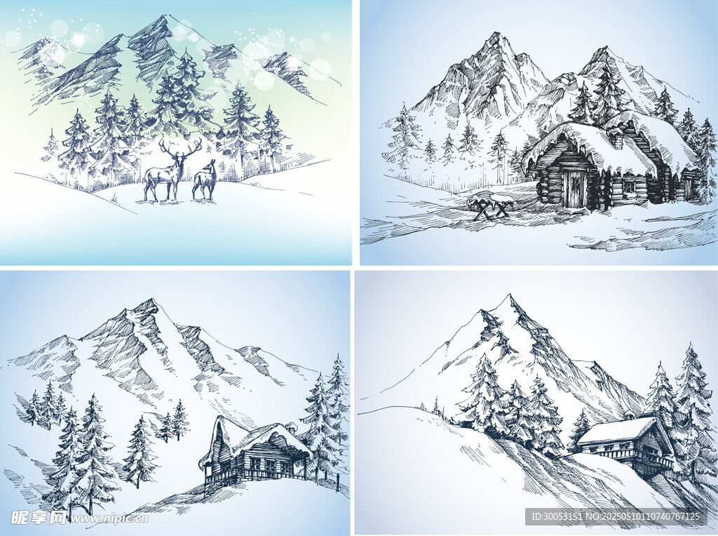 冬日雪山风景素描图