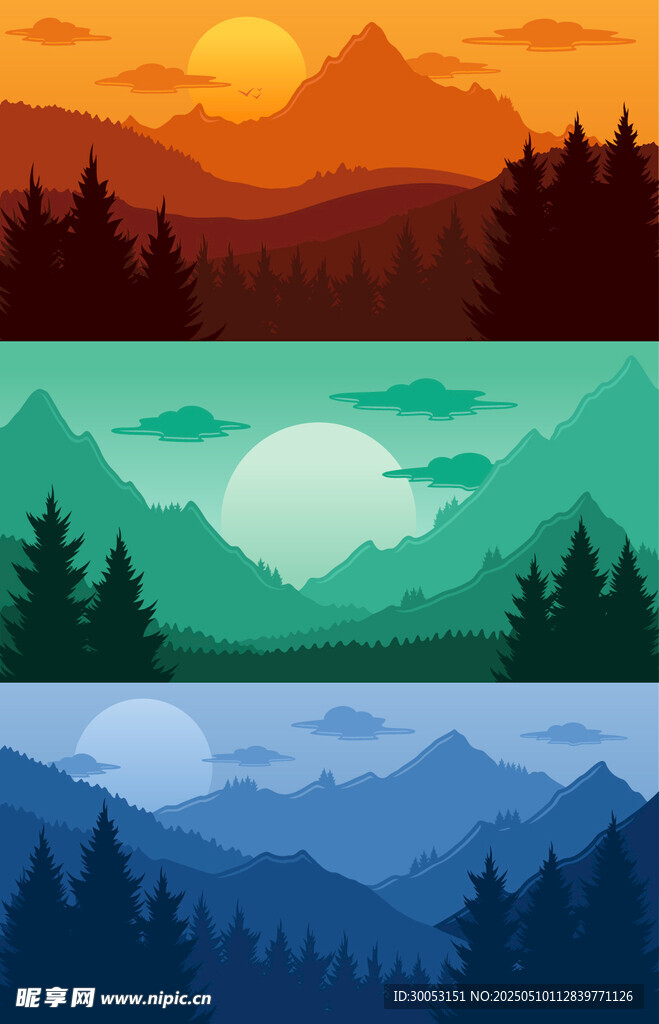 三色山林风景插画