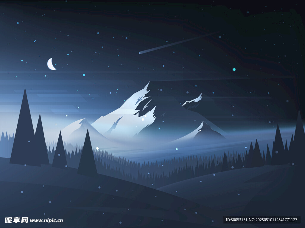 月夜下的雪山与森林景观