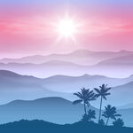 日出下的山峦与棕榈树