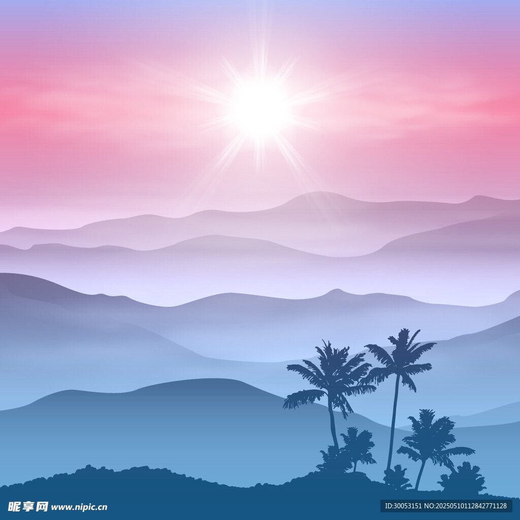 日出下的山峦与棕榈树