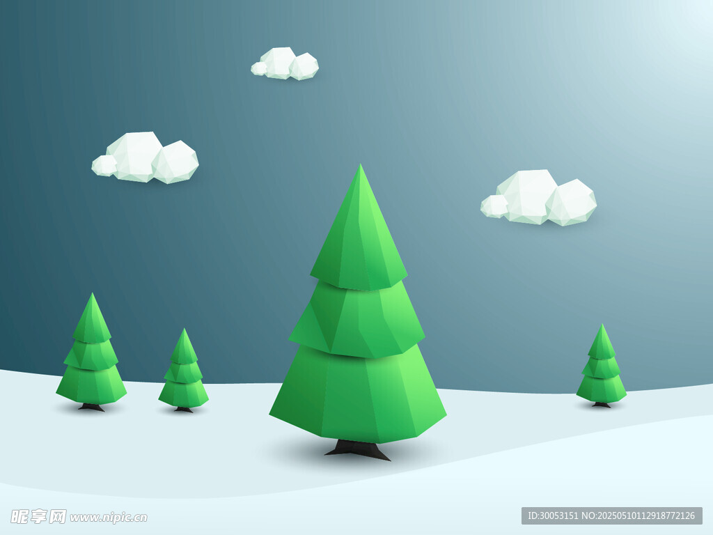 雪地中的立体绿色圣诞树