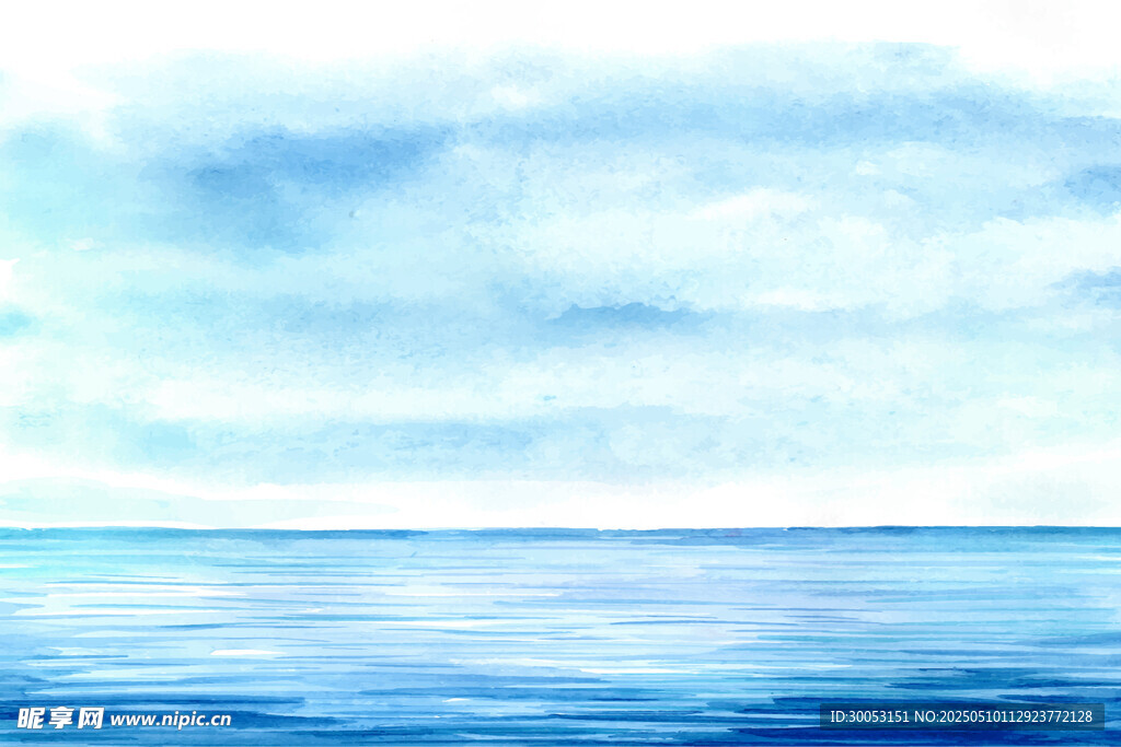 蓝色海洋天空水彩风景图