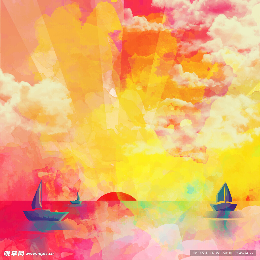 梦幻海上日出帆船美景