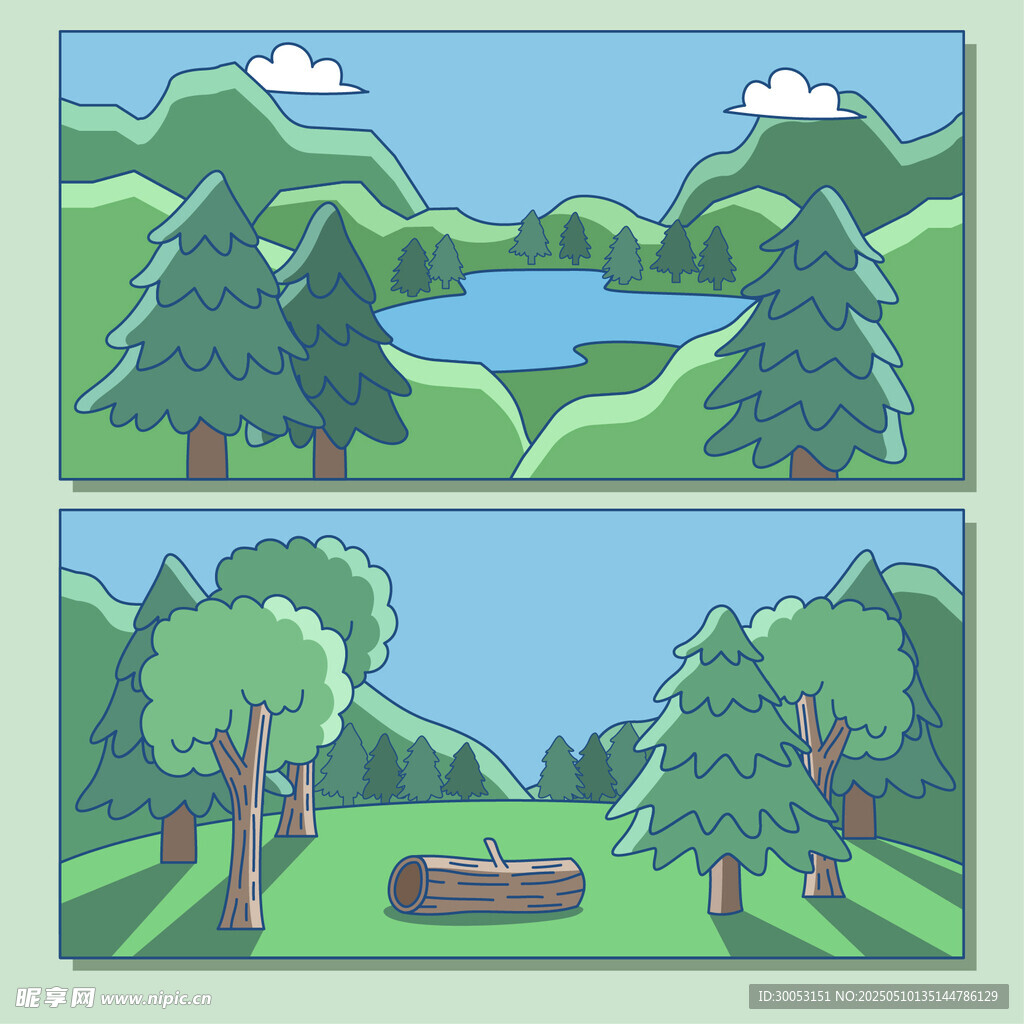 自然风光插画山林与湖景