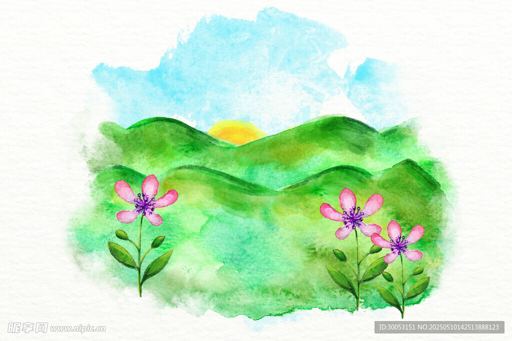 水彩绘就的山间花卉美景