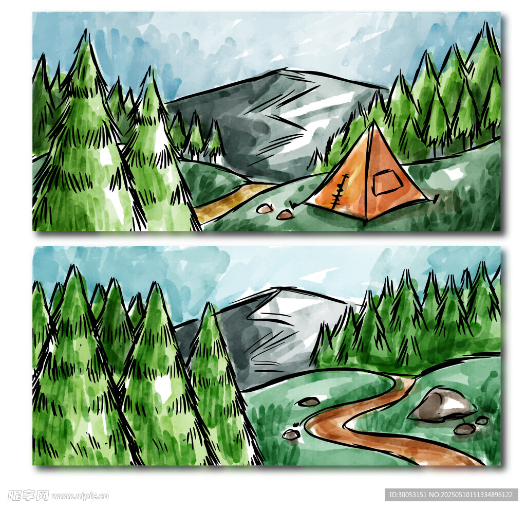 山林露营场景插画
