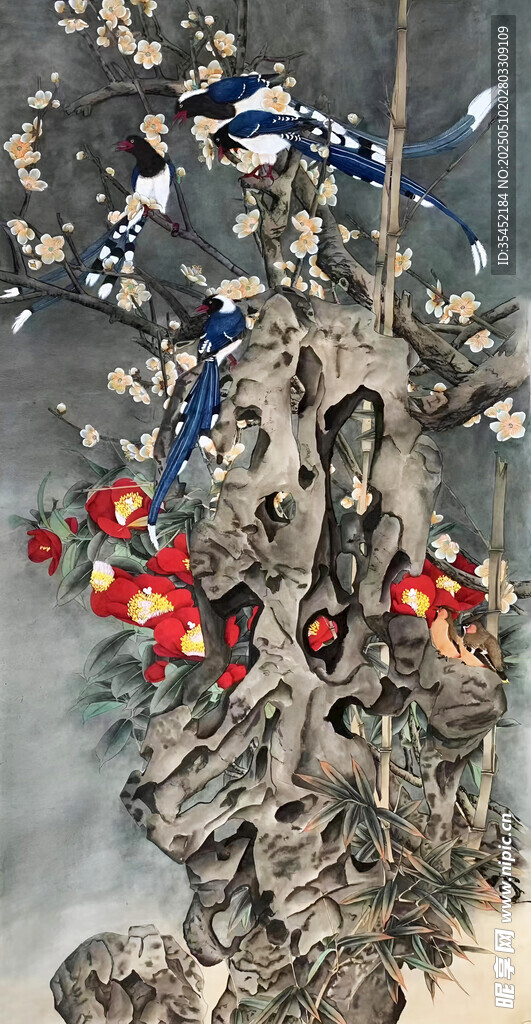 假山梅花喜鹊图