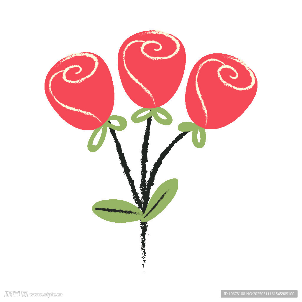 手绘三朵红玫瑰插画