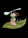 女孩乘叶舟持桨悠然前行