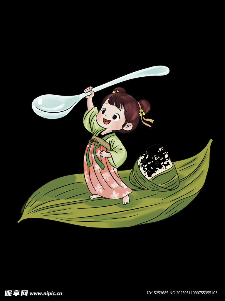 女孩乘叶舟持桨悠然前行