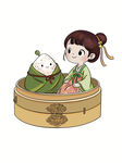 卡通女孩与竹篮中的粽子
