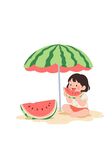 女孩沙滩享西瓜与遮阳伞