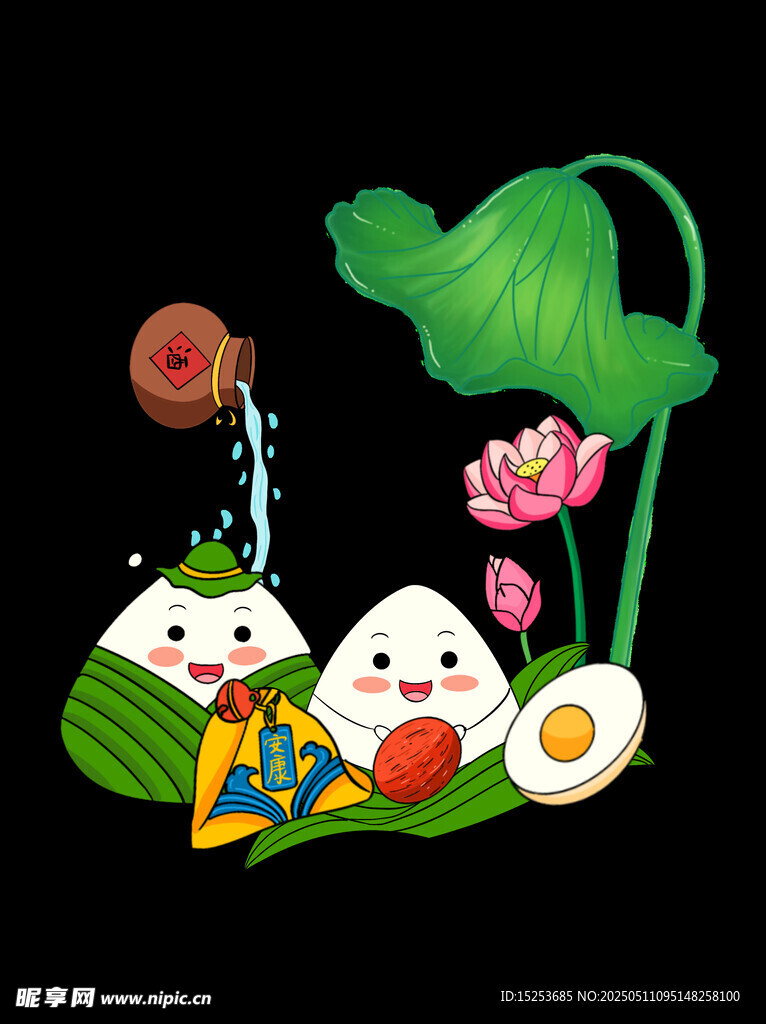 端午萌趣粽子与荷花场景