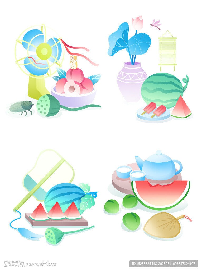 夏日缤纷水果饮品插画