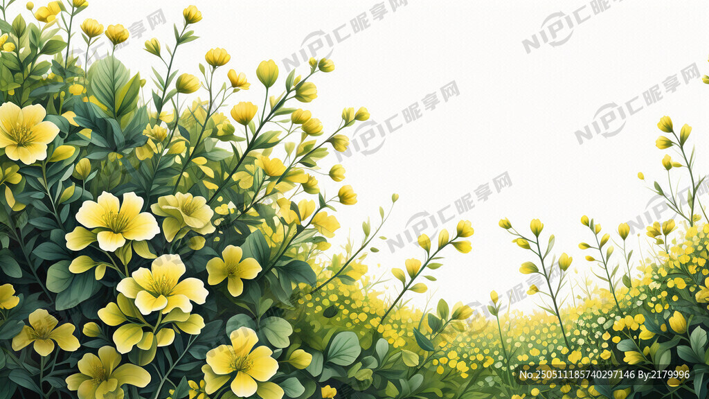 绿色茶树叶子、黄色油菜花、绿色