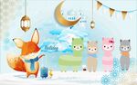 冬日狐狸与萌猫雪景图