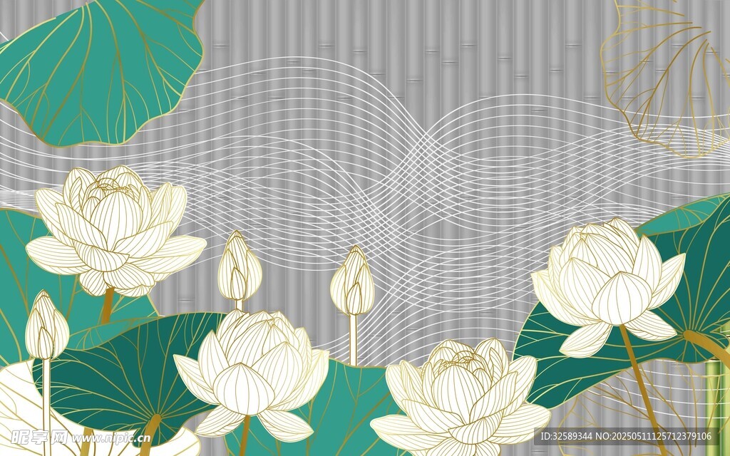 清新荷花荷叶插画图案