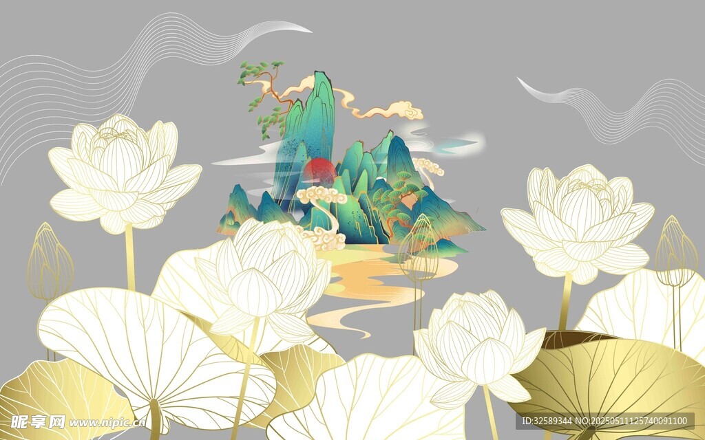 水墨荷花中的梦幻山水景