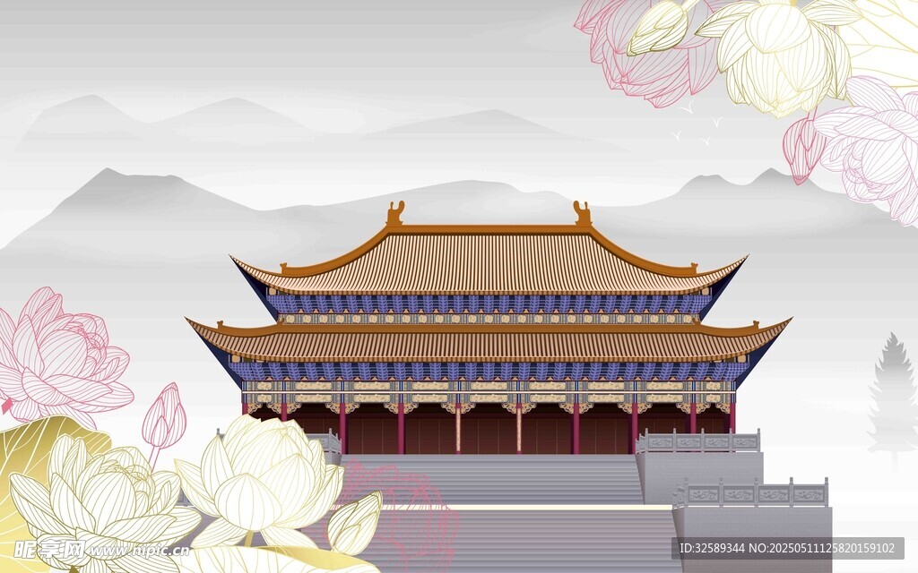 古风宫殿与花卉美景