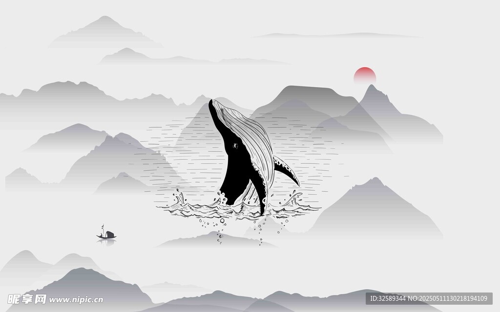 水墨山海间的奇幻鲸鱼