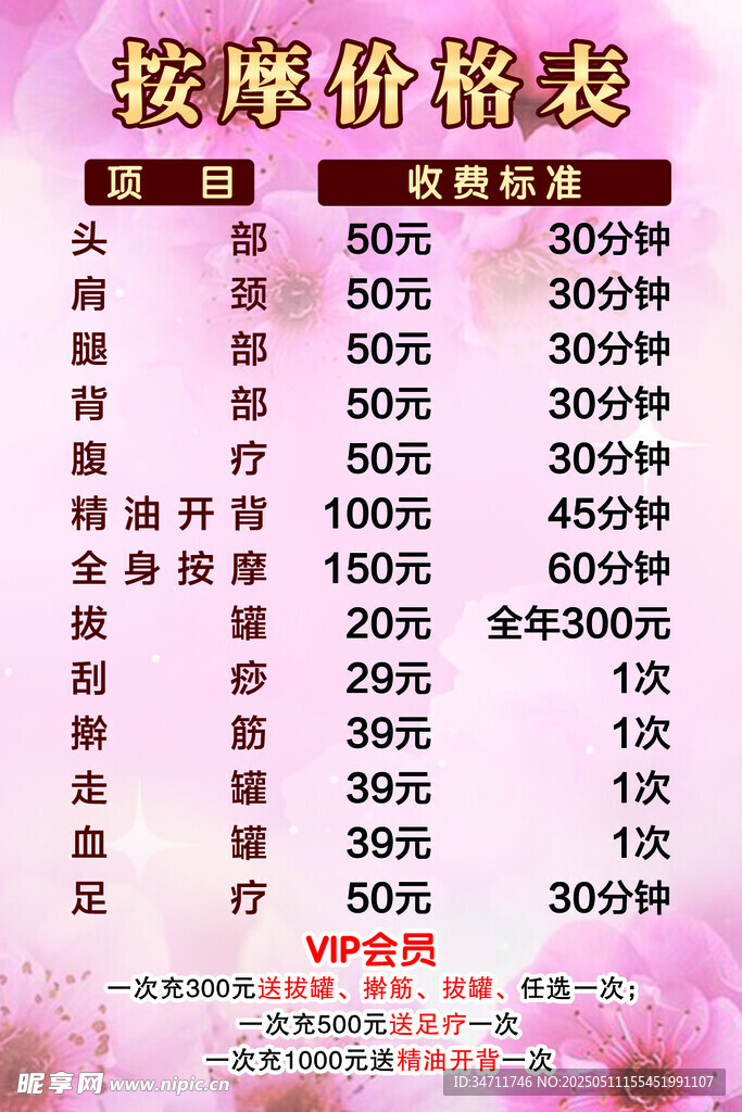 按摩价格表