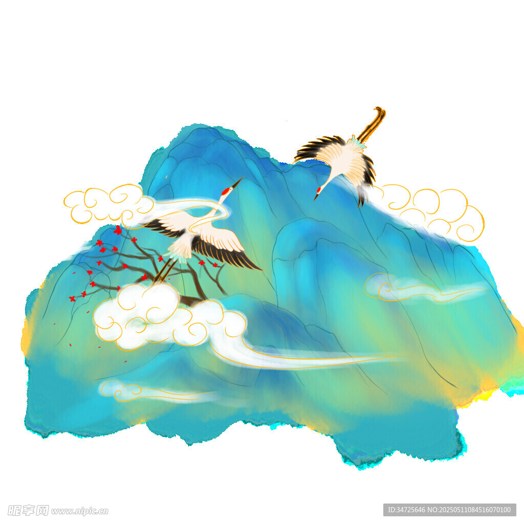 水墨仙鹤绘就梦幻山水景