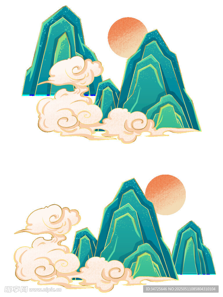 中式山水日出风景插画