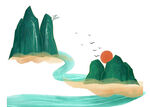 山水落日飞鸟诗意美景