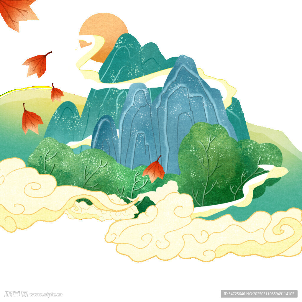 秋日山水飞鸟唯美插画