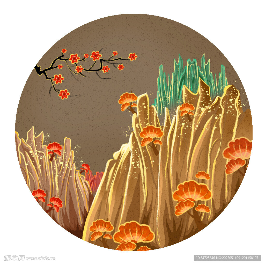 中式山水间的烂漫花卉