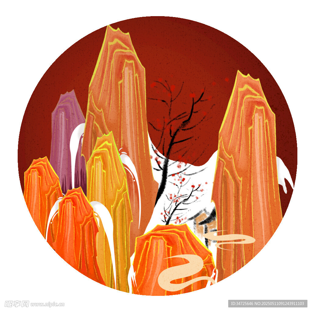 圆形山水插画中的自然景致