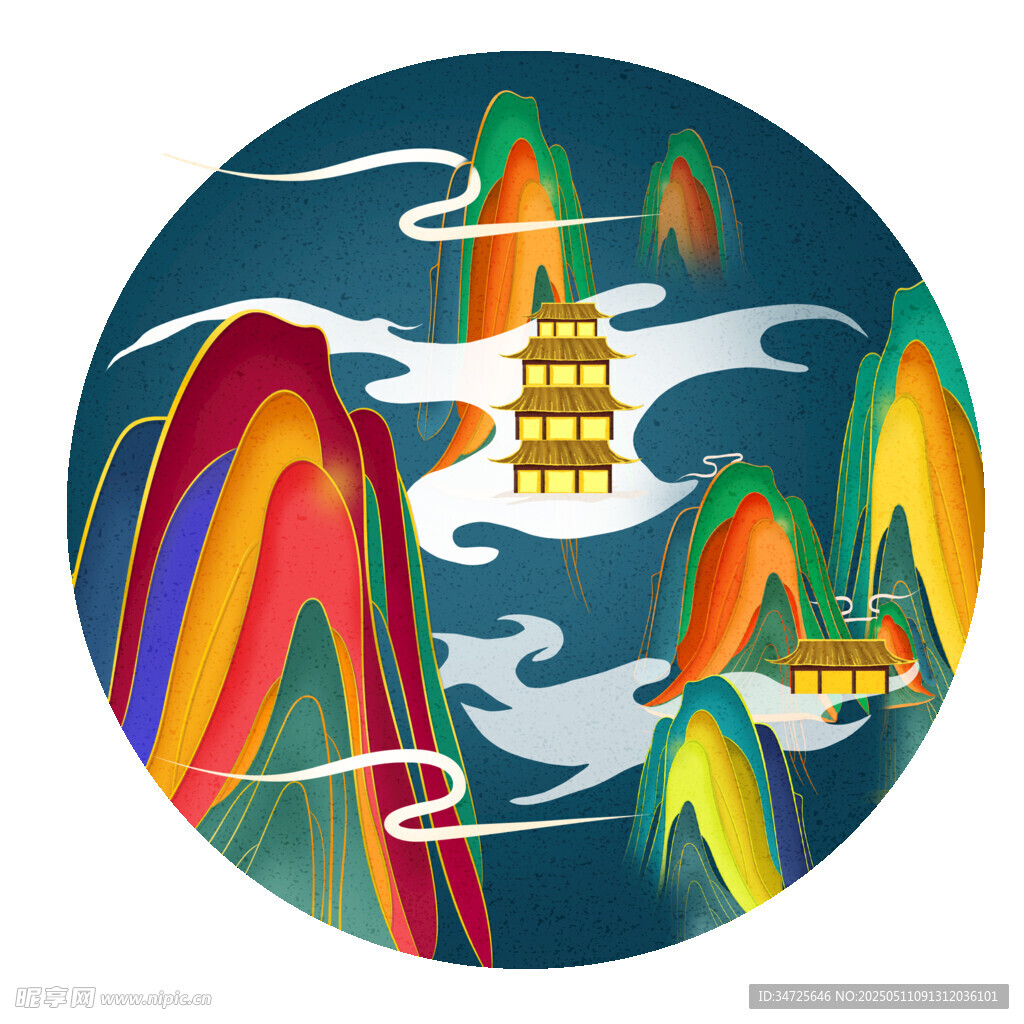 中式山水宝塔插画图案
