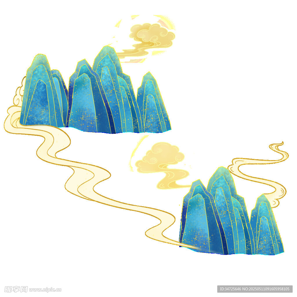 水墨风山峦与蜿蜒金线条