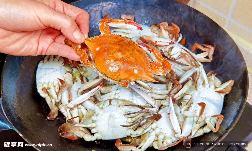 锅中烹饪鲜活大螃蟹