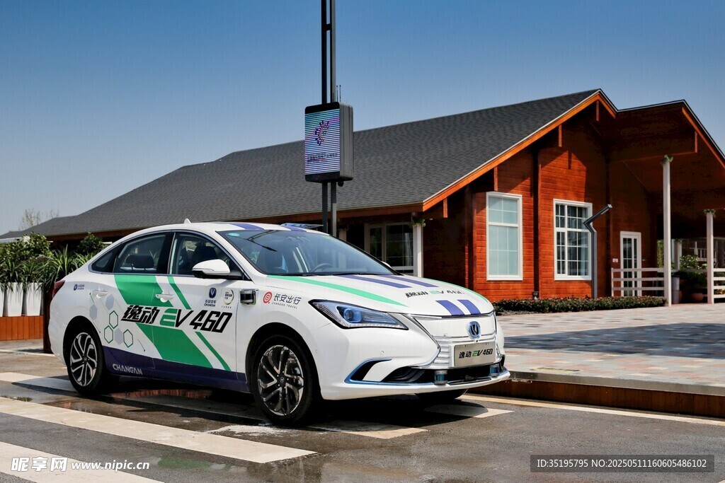 街道旁的绿色图案白色汽车