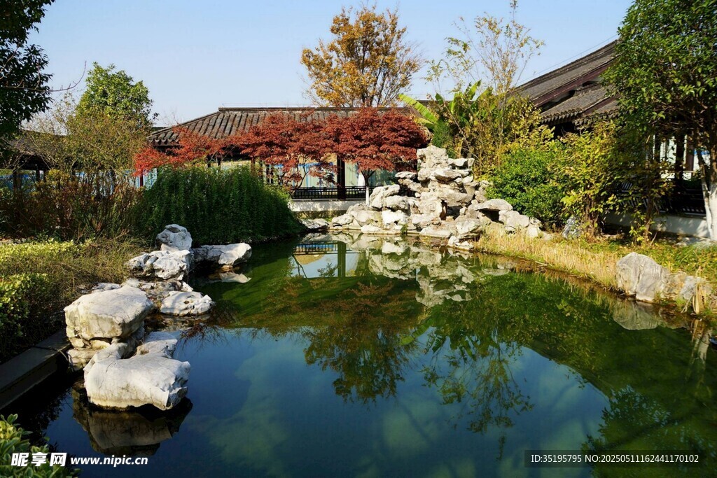 中式园林池塘景致